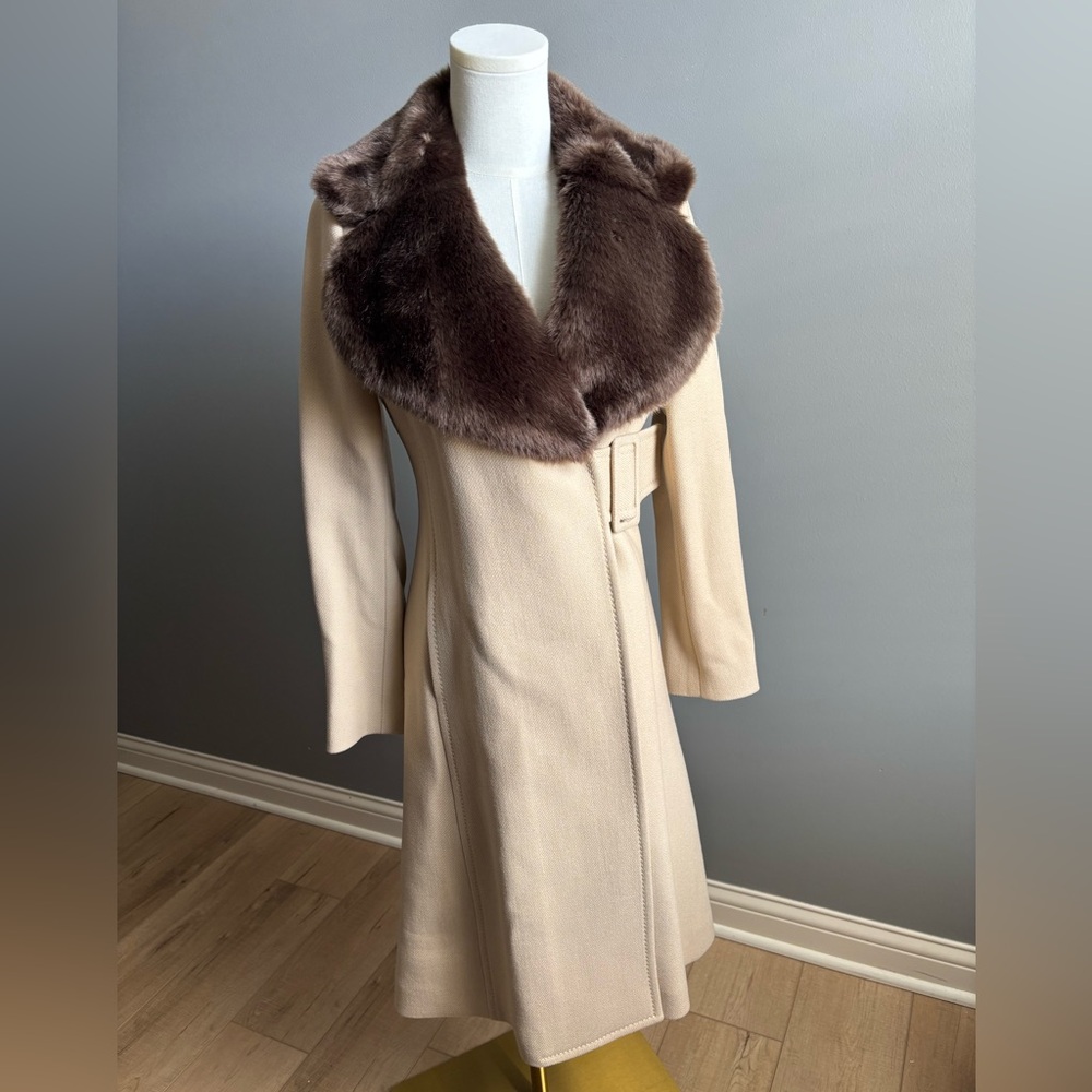 Kate Spade Briella 100% Wool Belted Coat With Faux Fur Trim